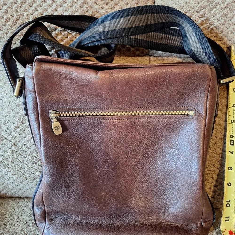 MCM Brown Leather Men's Women's Messenger Bag Stripe Adjustable Strap Black